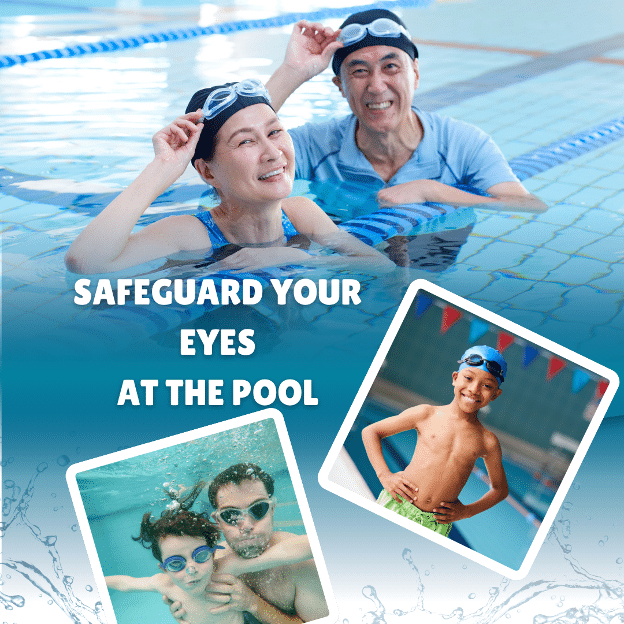 Kids and adults in the pool wearing goggles.